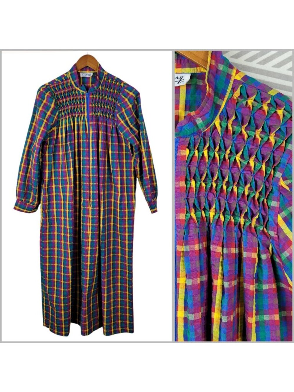 Vintage Rainbow Plaid Smocked House Coat Small Medium Zip Front Robe Maxi Granny